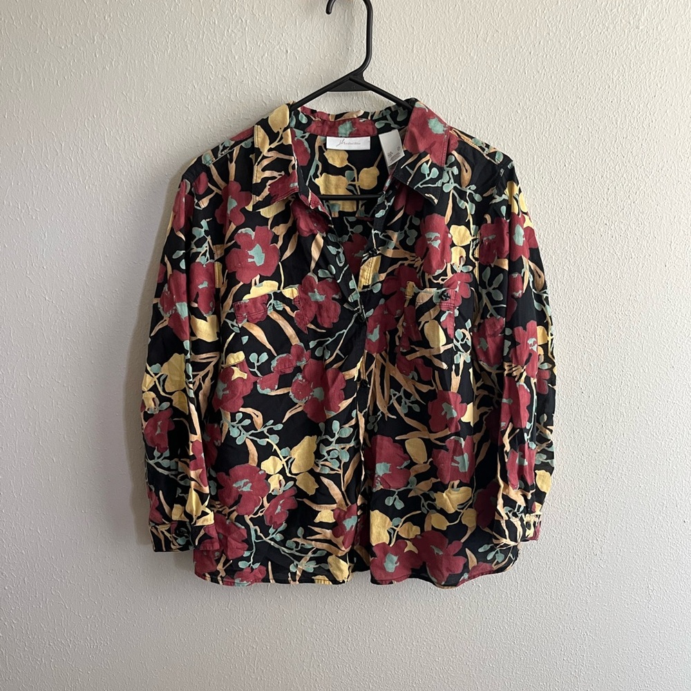 JH Collectibles Black Floral Button-Up with Red, Yellow & Teal Print L/XL